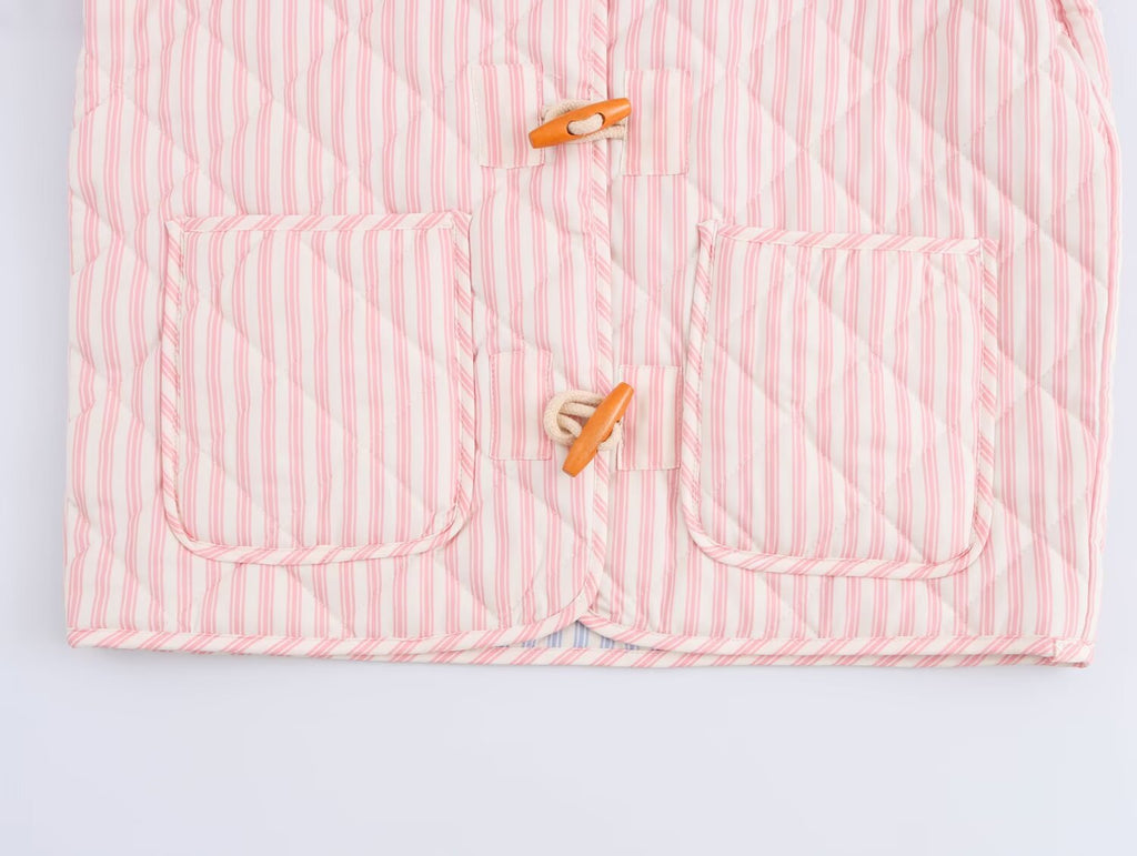 Striped Quilted Toggle Button Cropped Coat - pink - 8