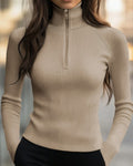 Slim Rib Knit Funnel Neck Zip Top - Apricot