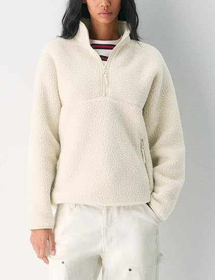 Sherpa Fleece Half Zip Funnel Neck Pullover - Apricot