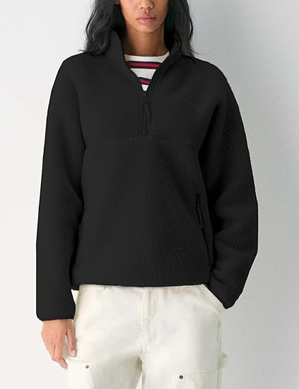 Sherpa Fleece Half Zip Funnel Neck Pullover - Black