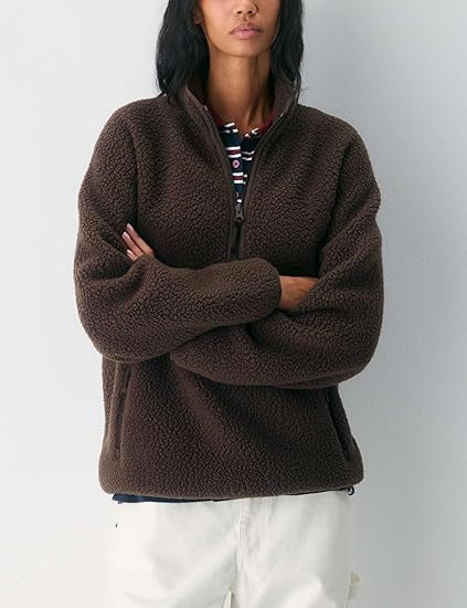 Sherpa Fleece Half Zip Funnel Neck Pullover - Coffee