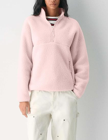 Sherpa Fleece Half Zip Funnel Neck Pullover - Pink