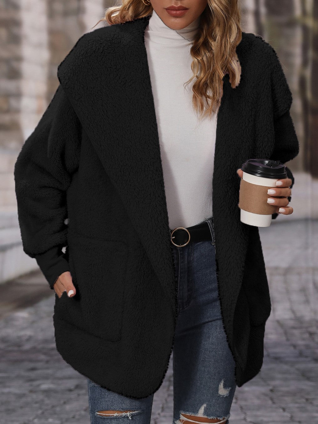 Shawl Hood Teddy Fleece Cocoon Coat - black