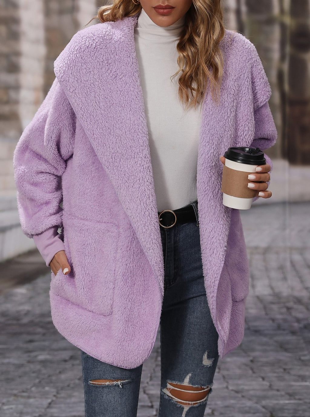 Shawl Hood Teddy Fleece Cocoon Coat - violet