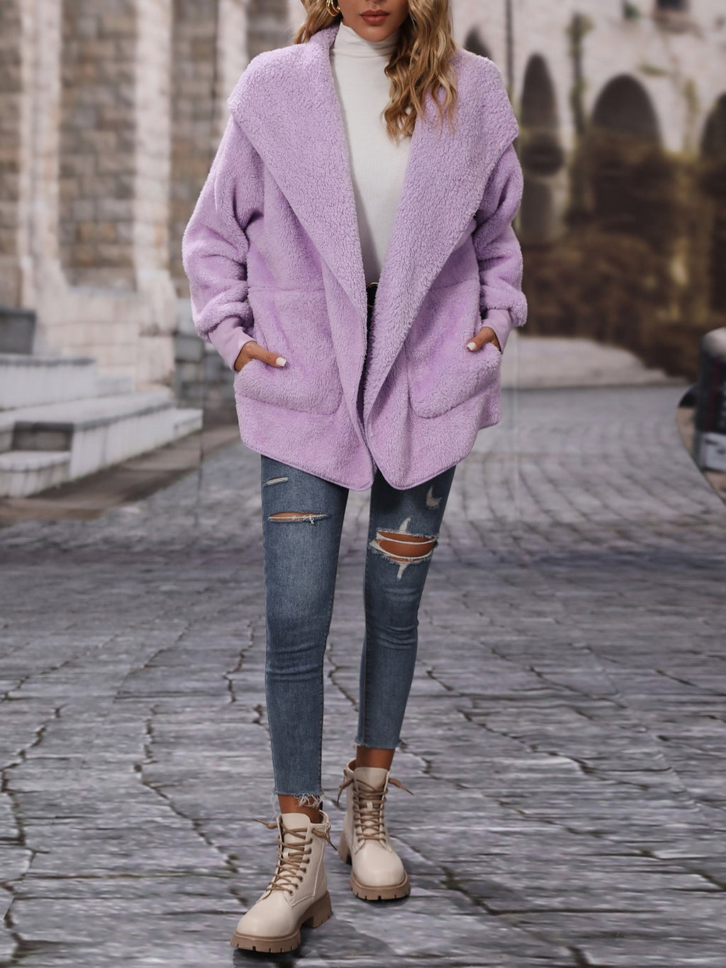 Shawl Hood Teddy Fleece Cocoon Coat - violet - 1