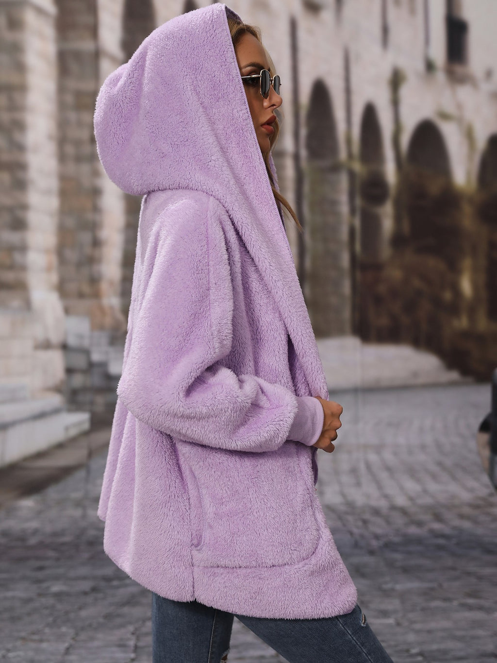 Shawl Hood Teddy Fleece Cocoon Coat - violet - 2