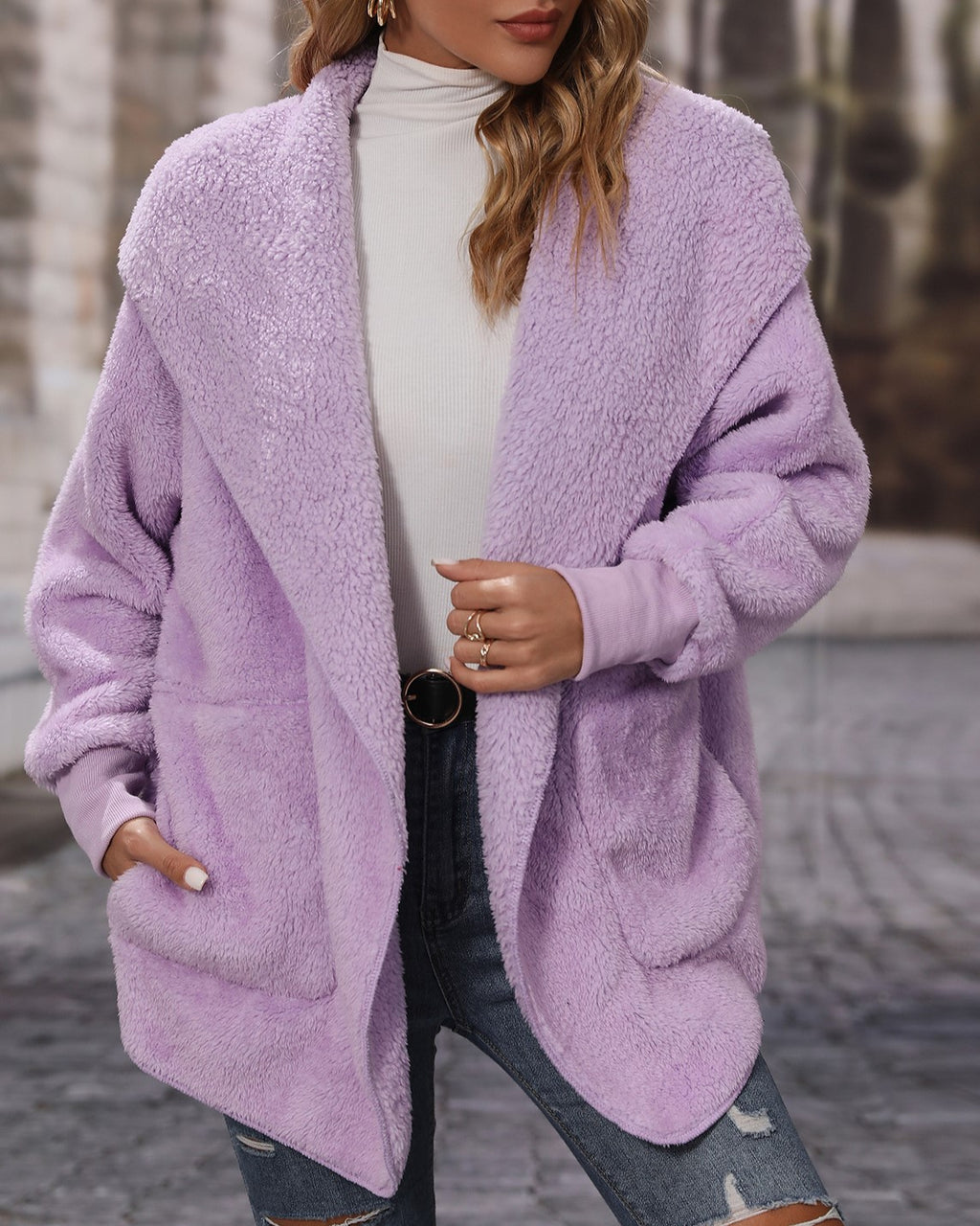 Shawl Hood Teddy Fleece Cocoon Coat - violet - 3