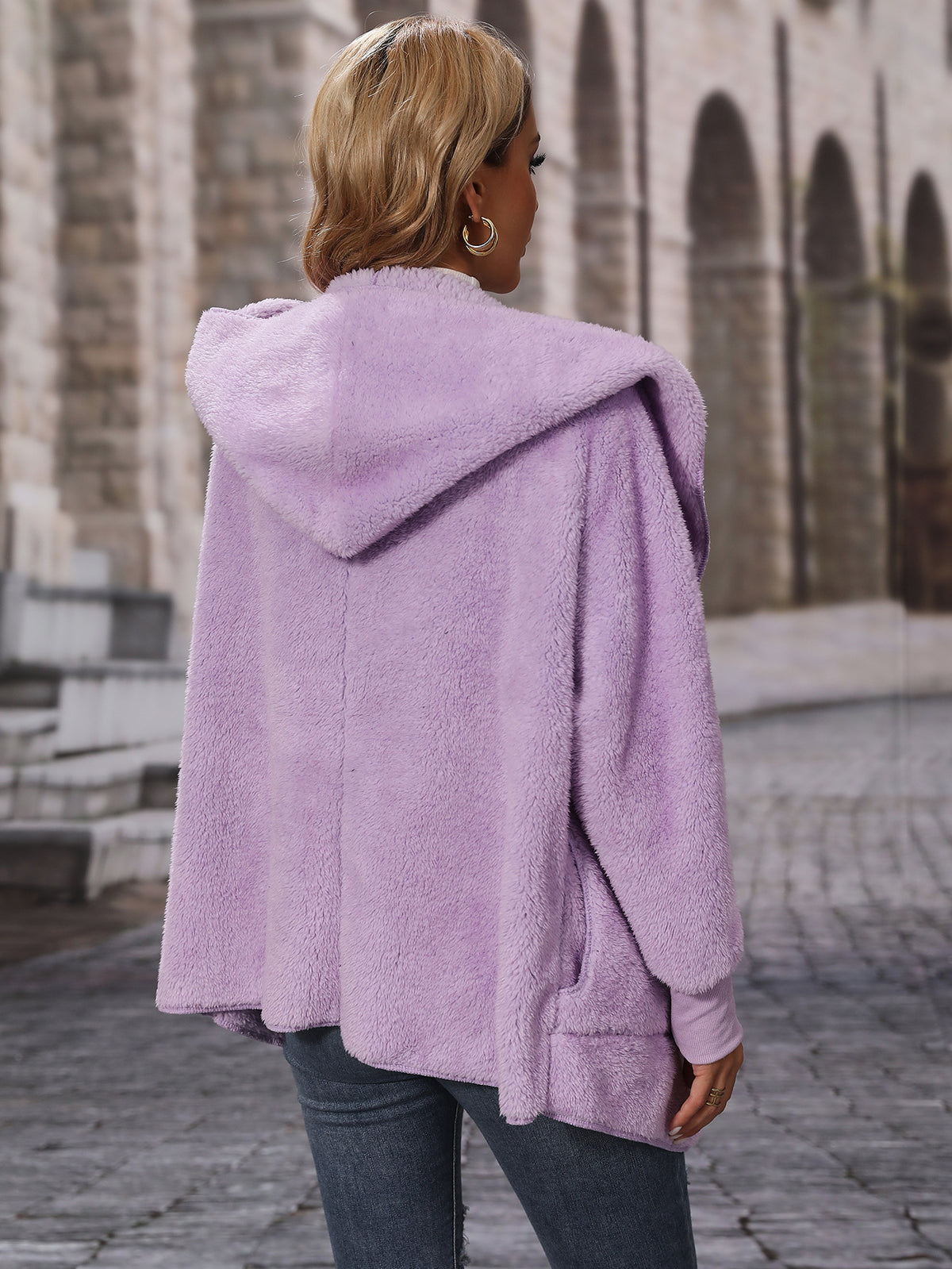 Shawl Hood Teddy Fleece Cocoon Coat - violet - 4