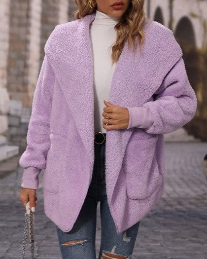 Shawl Hood Teddy Fleece Cocoon Coat - violet - 6