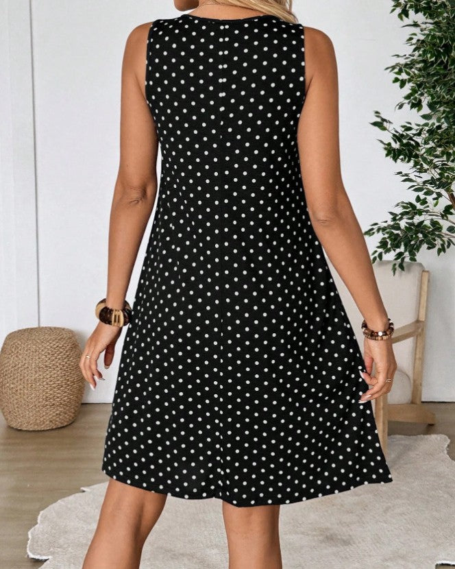 Pleated Polka Dot Swing Tank Dress - Black