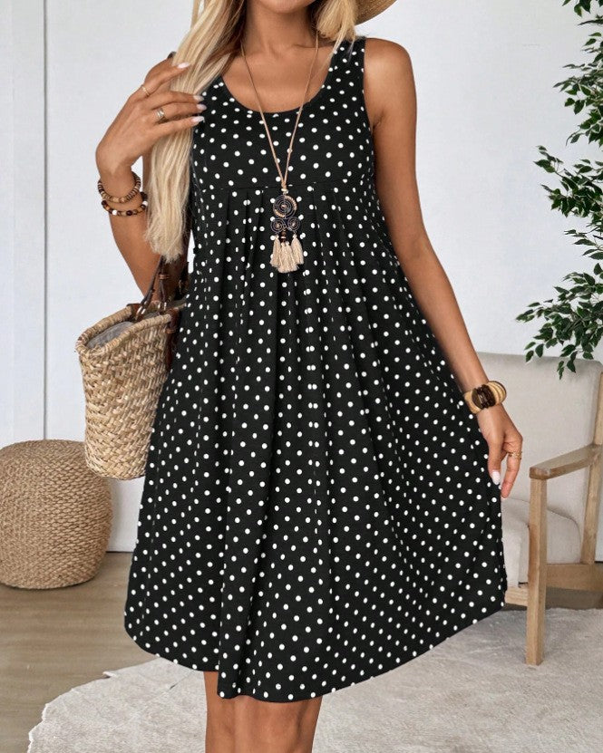 Pleated Polka Dot Swing Tank Dress - Black - 1