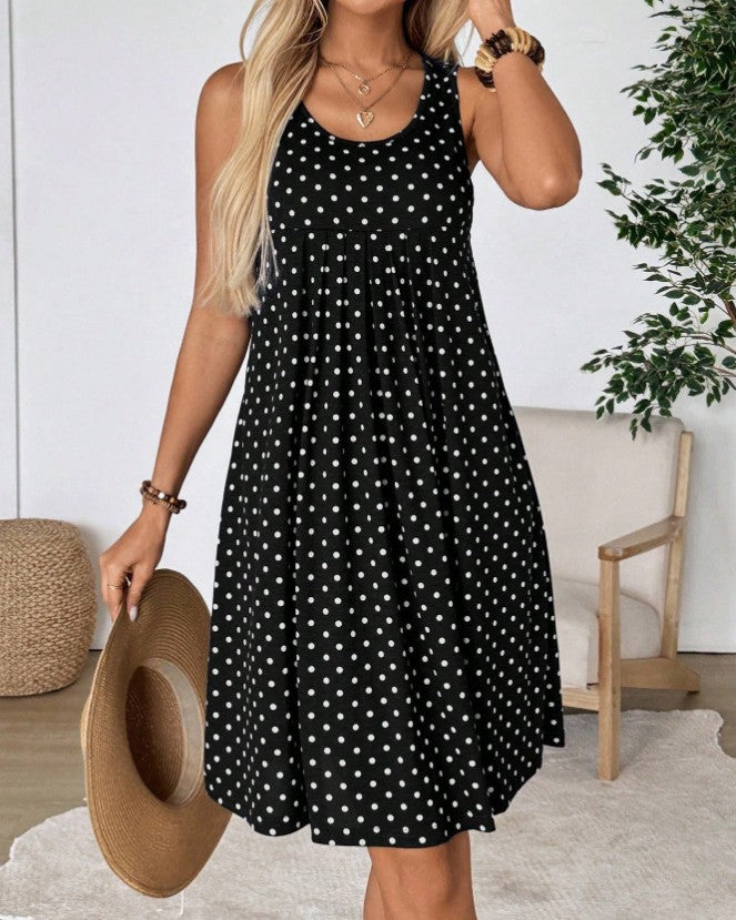Pleated Polka Dot Swing Tank Dress - Black - 2