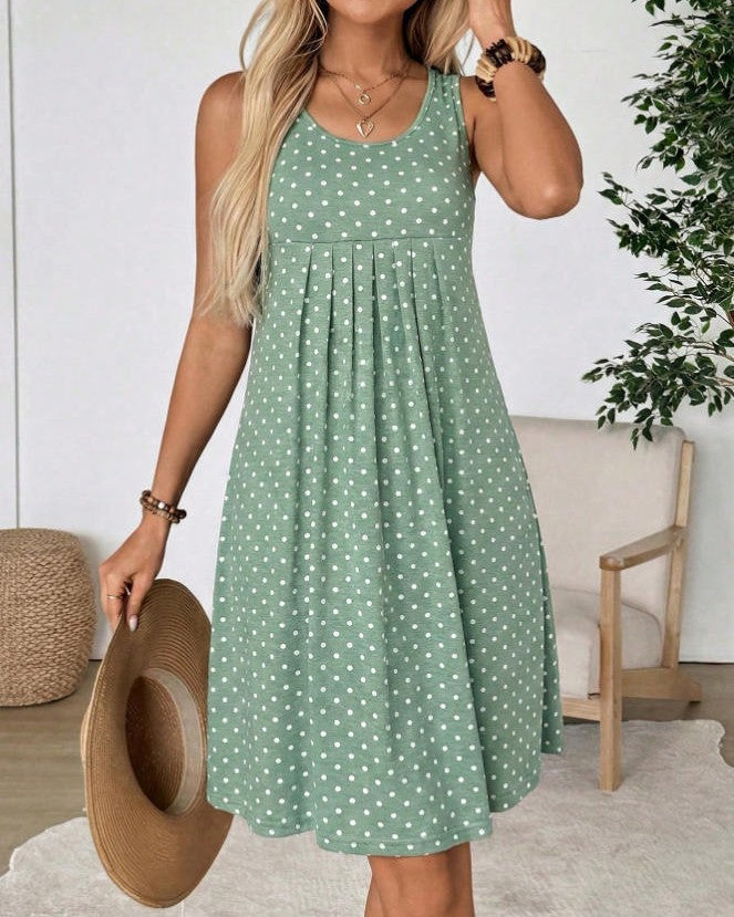 Pleated Polka Dot Swing Tank Dress - Green