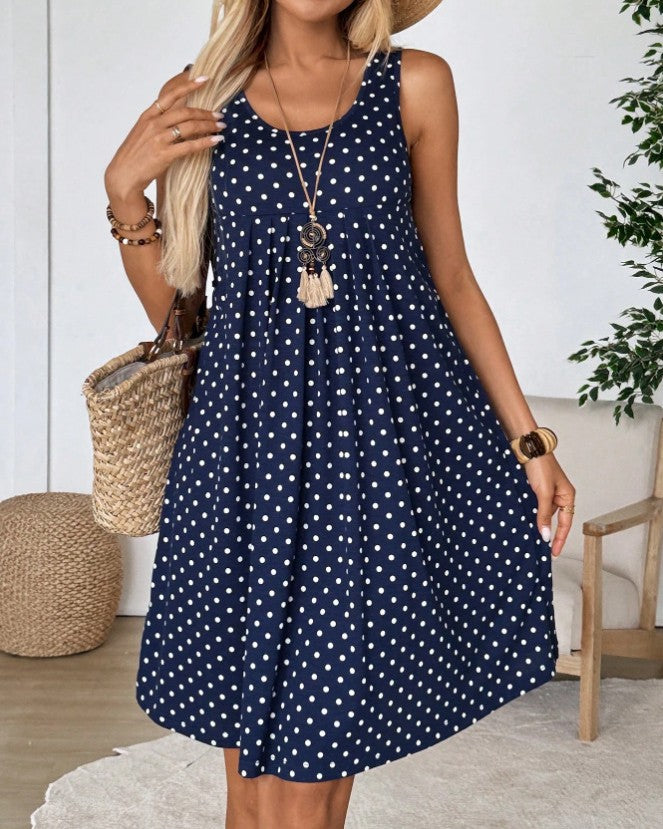 Pleated Polka Dot Swing Tank Dress - Navy-Blue