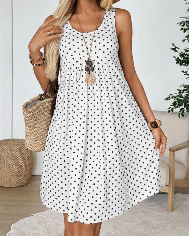 Pleated Polka Dot Swing Tank Dress - White