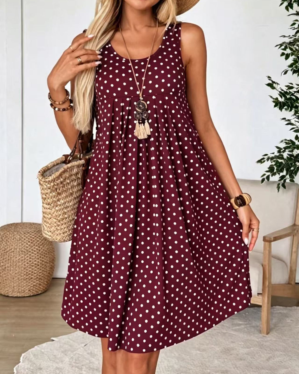 Pleated Polka Dot Swing Tank Dress - Wine-Red
