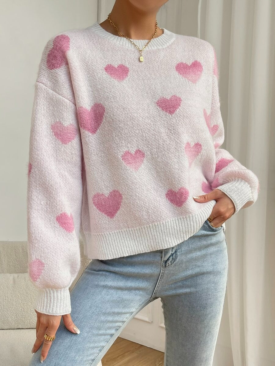 Allover Heart Motif Crewneck Knit Sweater - Pink