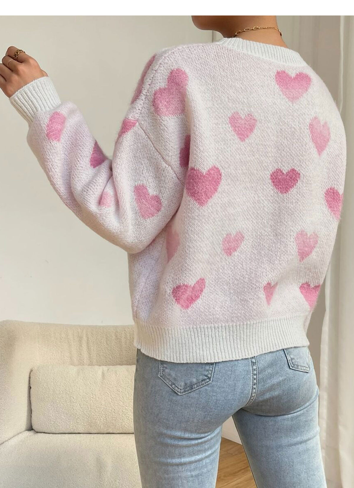 Allover Heart Motif Crewneck Knit Sweater - Pink - 1