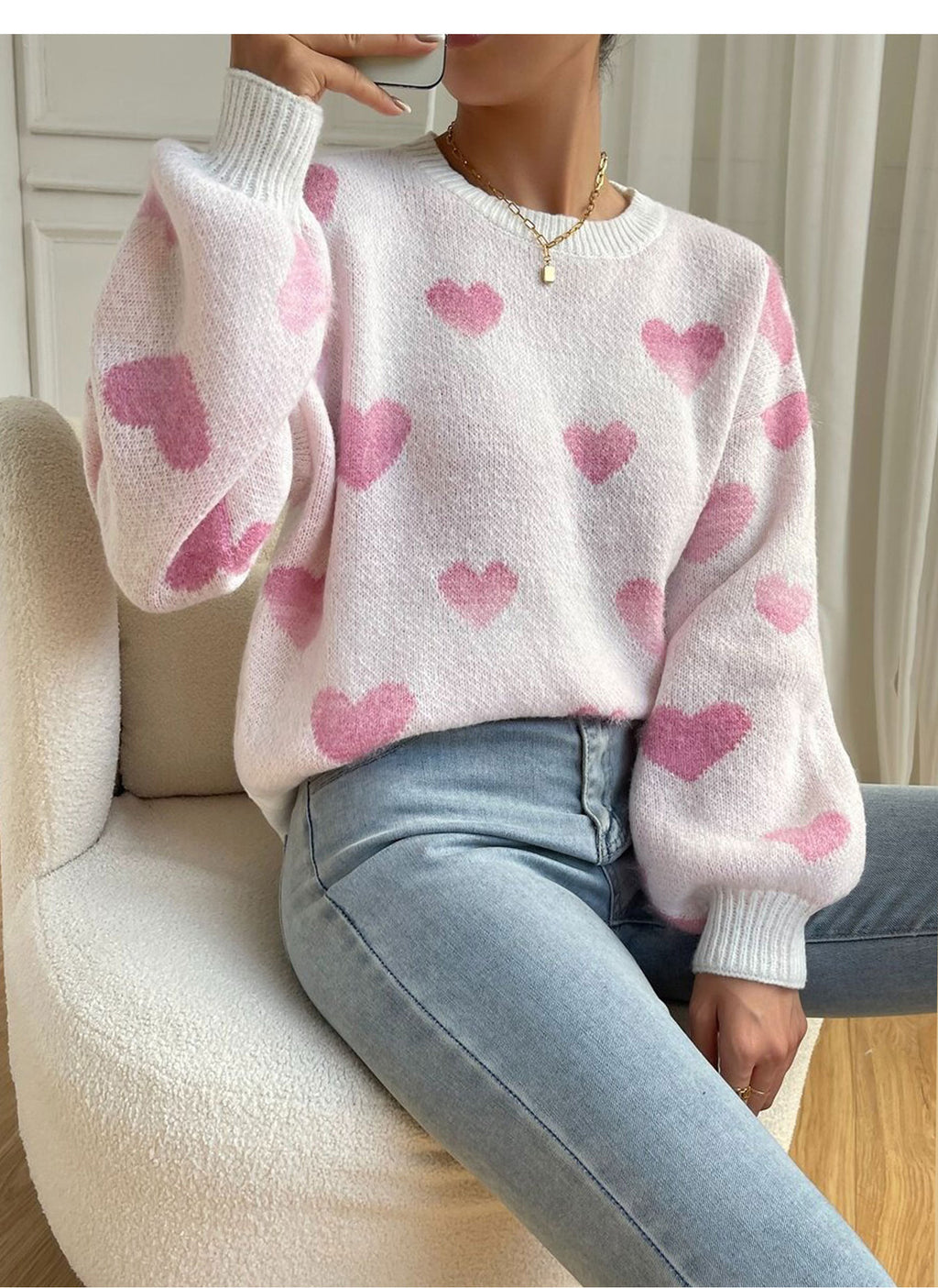 Allover Heart Motif Crewneck Knit Sweater - Pink - 2