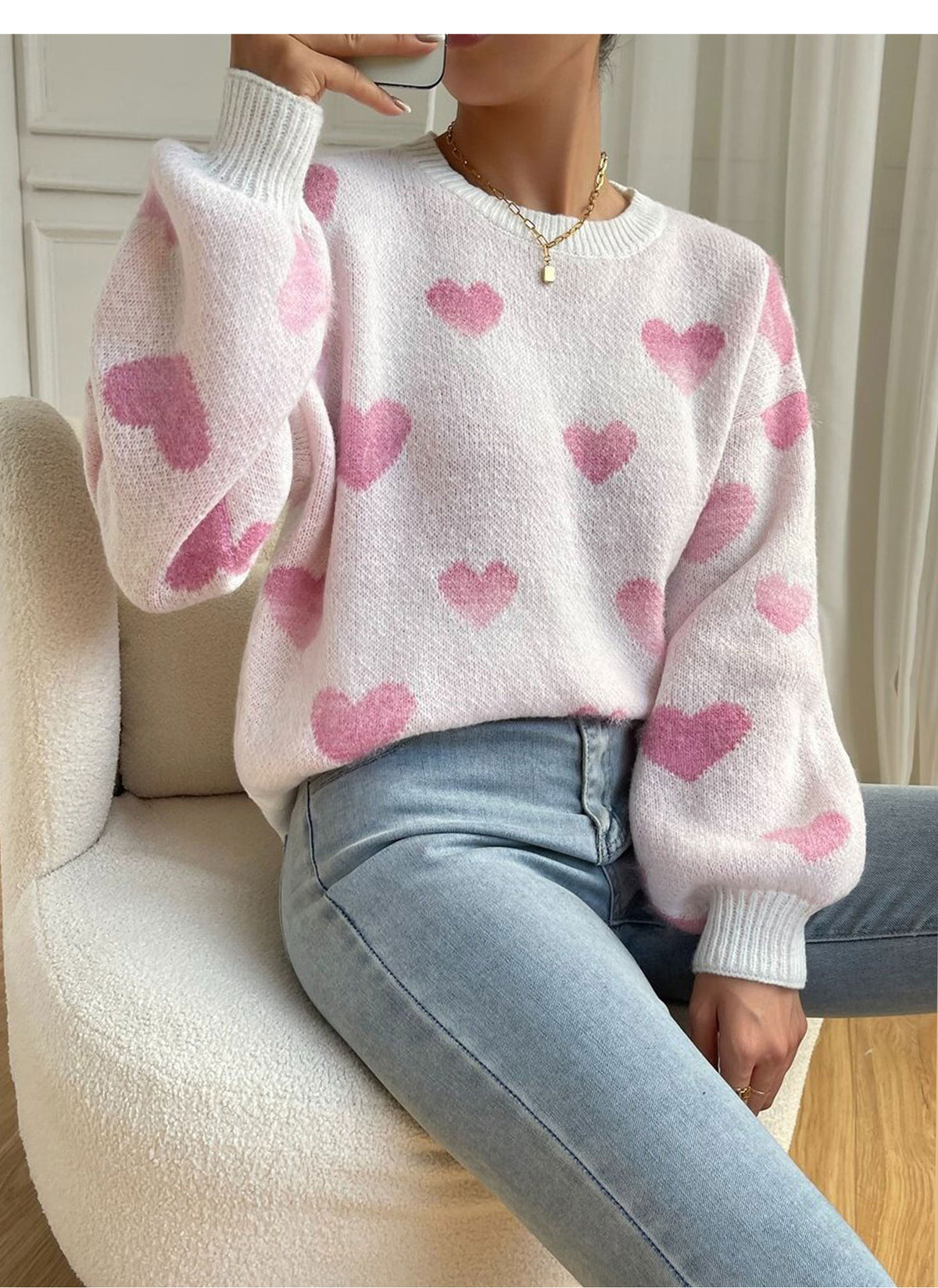 Allover Heart Motif Crewneck Knit Sweater - Pink - 2