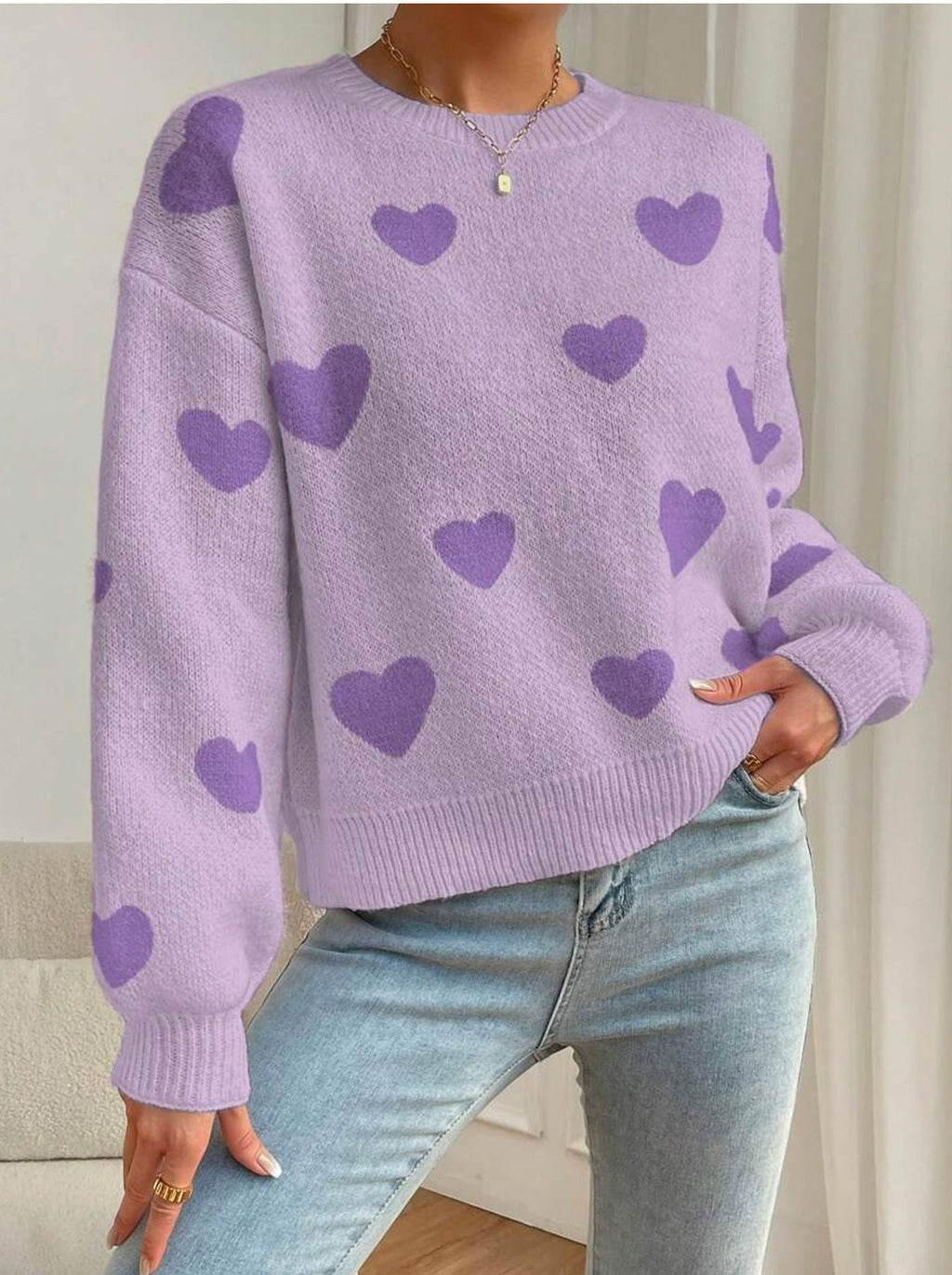 Allover Heart Motif Crewneck Knit Sweater - Purple