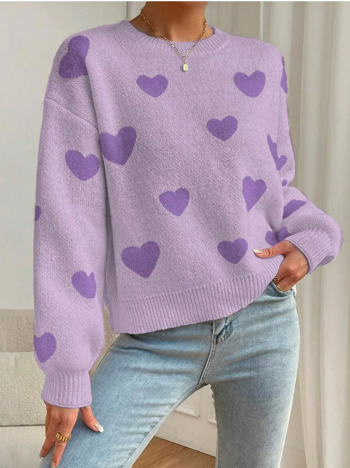 Allover Heart Motif Crewneck Knit Sweater - Purple