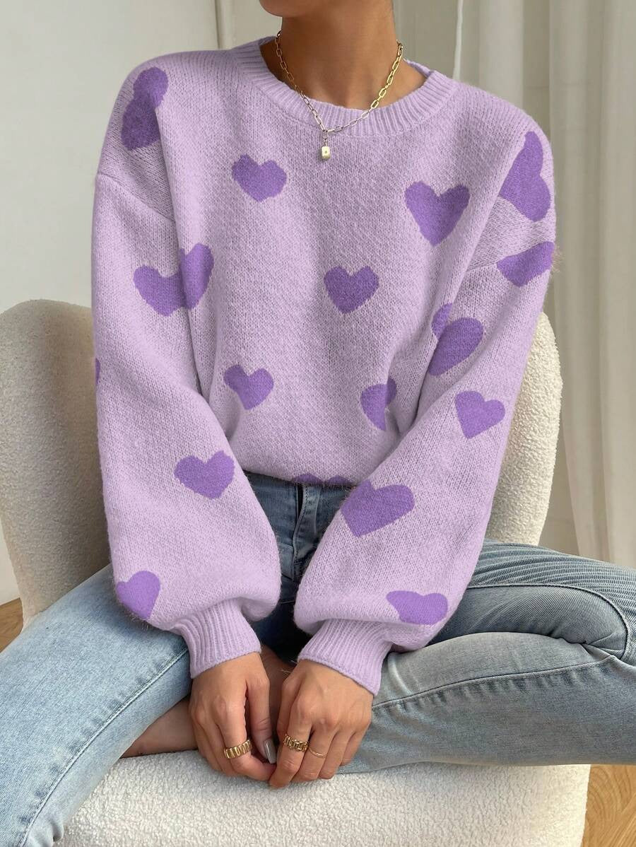 Allover Heart Motif Crewneck Knit Sweater - Purple - 1
