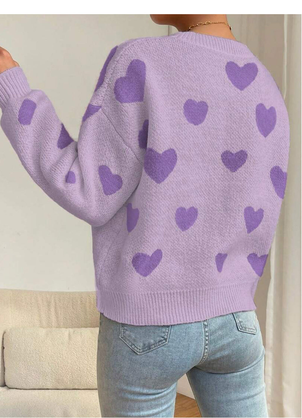 Allover Heart Motif Crewneck Knit Sweater - Purple - 2