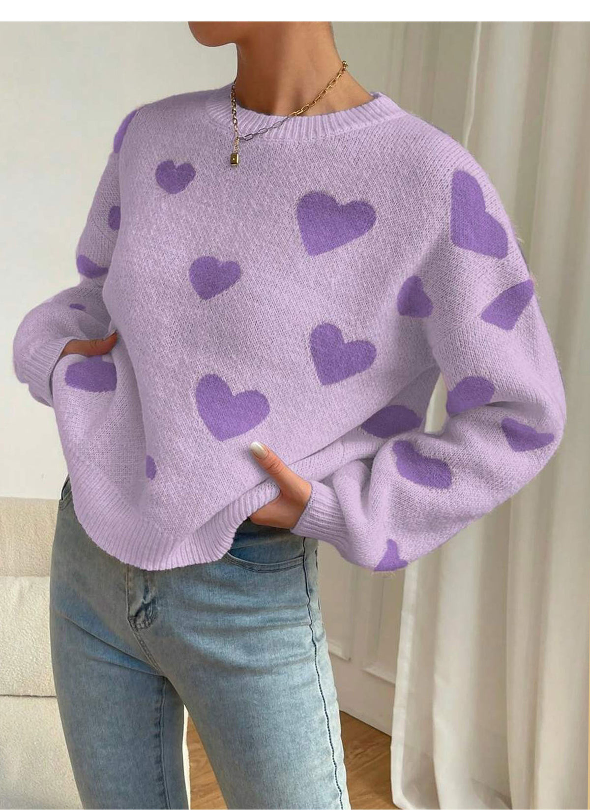 Allover Heart Motif Crewneck Knit Sweater - Purple - 3