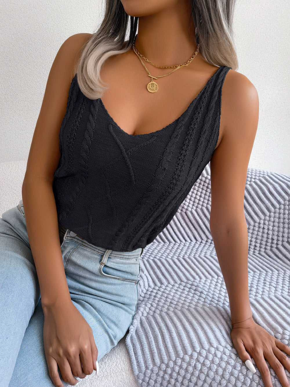Cable Knit V Neck Twist Strap Tank - Black