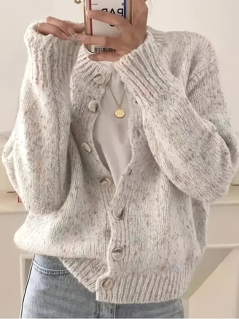 Speckled Confetti Knit Cardigan with Puff Sleeves - Beige