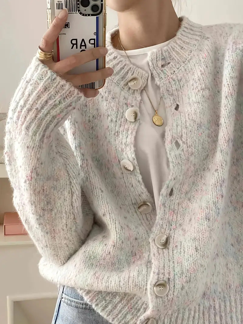 Speckled Confetti Knit Cardigan with Puff Sleeves - Beige - 1