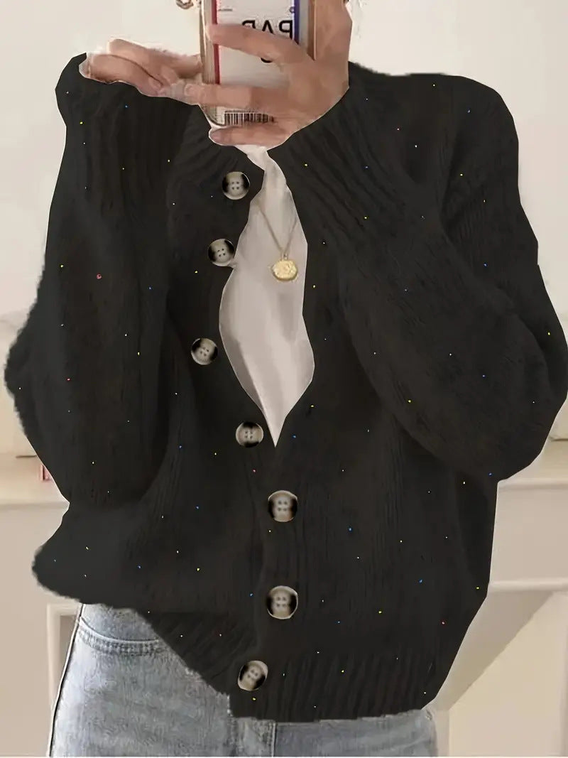 Speckled Confetti Knit Cardigan with Puff Sleeves - Black