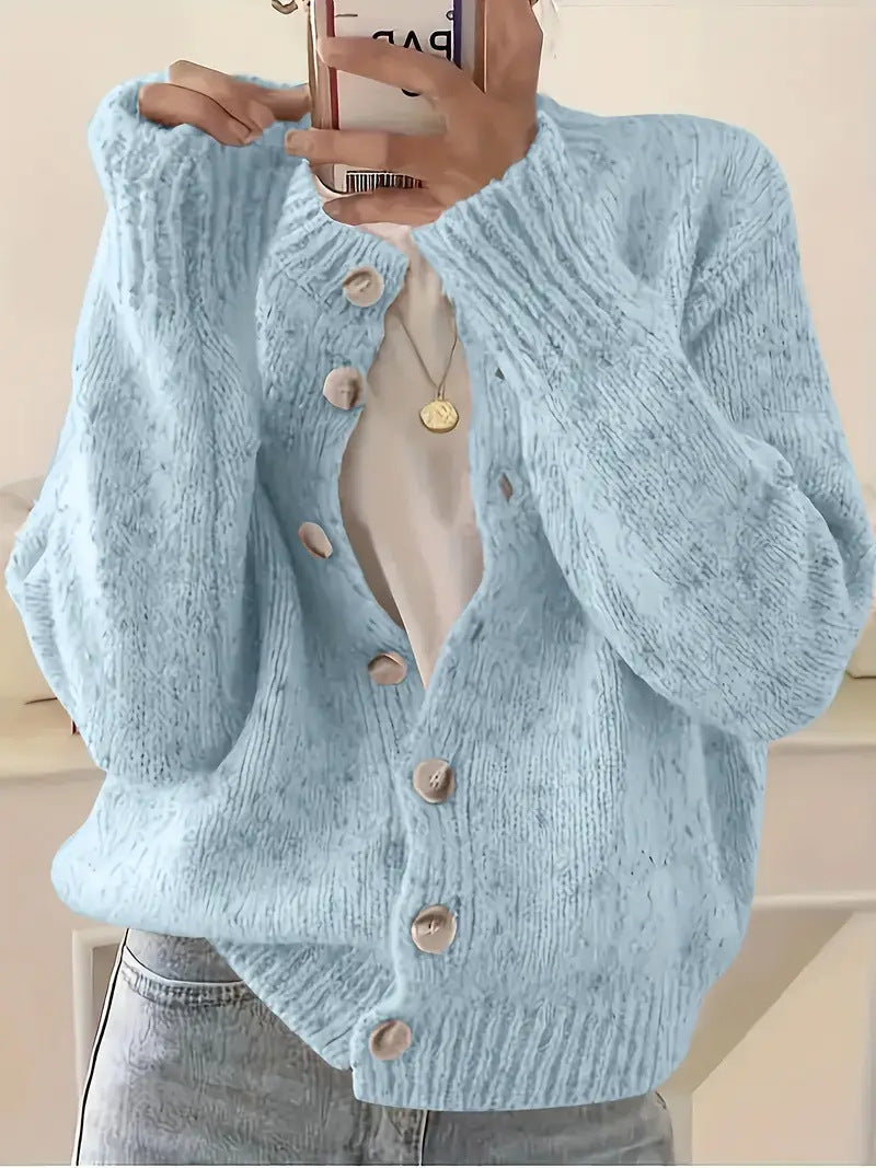 Speckled Confetti Knit Cardigan with Puff Sleeves - Blue
