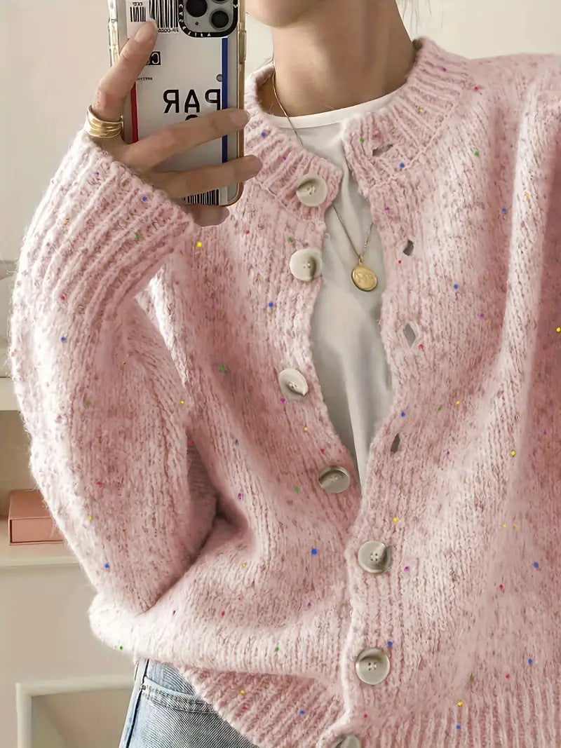 Speckled Confetti Knit Cardigan with Puff Sleeves - Pink - 1