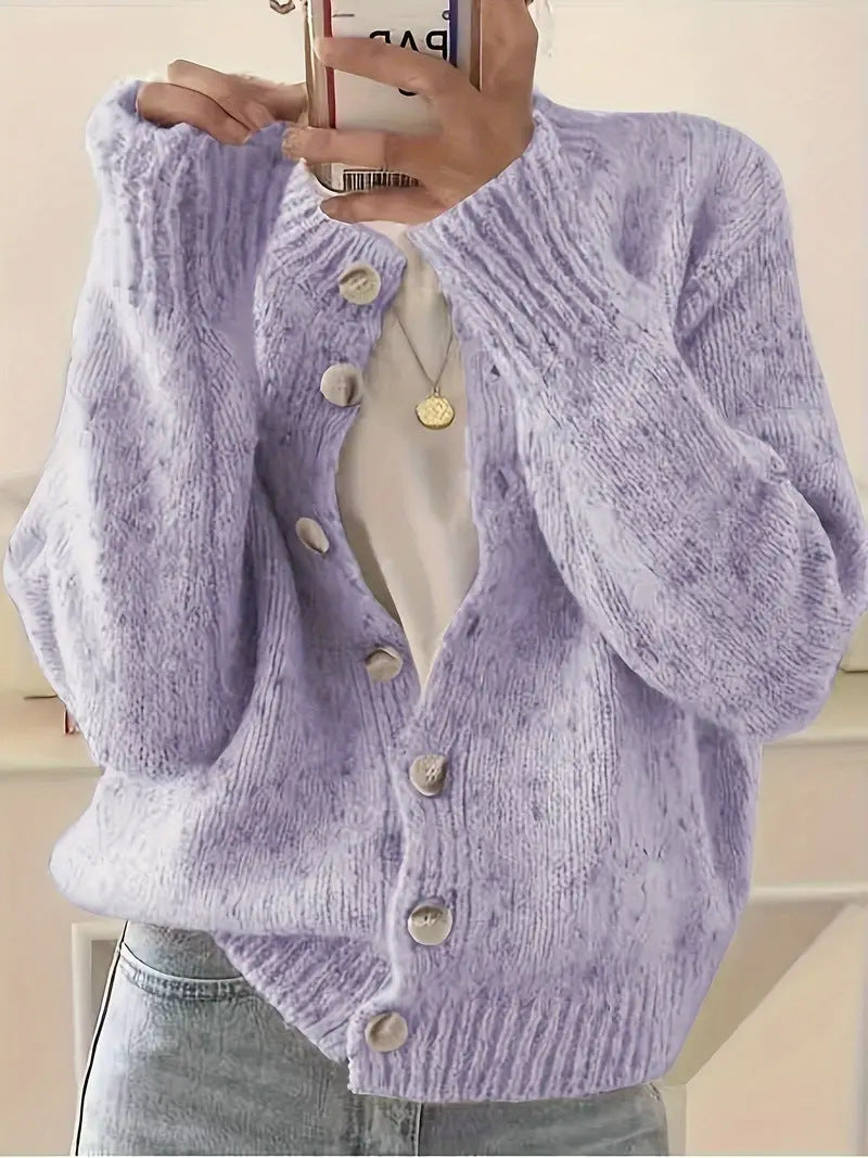 Speckled Confetti Knit Cardigan with Puff Sleeves - Purple