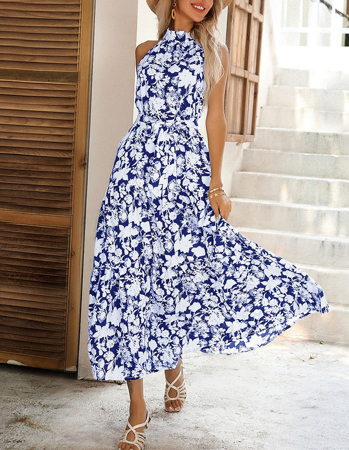 Halter Neck Floral Maxi Dress With Slit - Blue - 1
