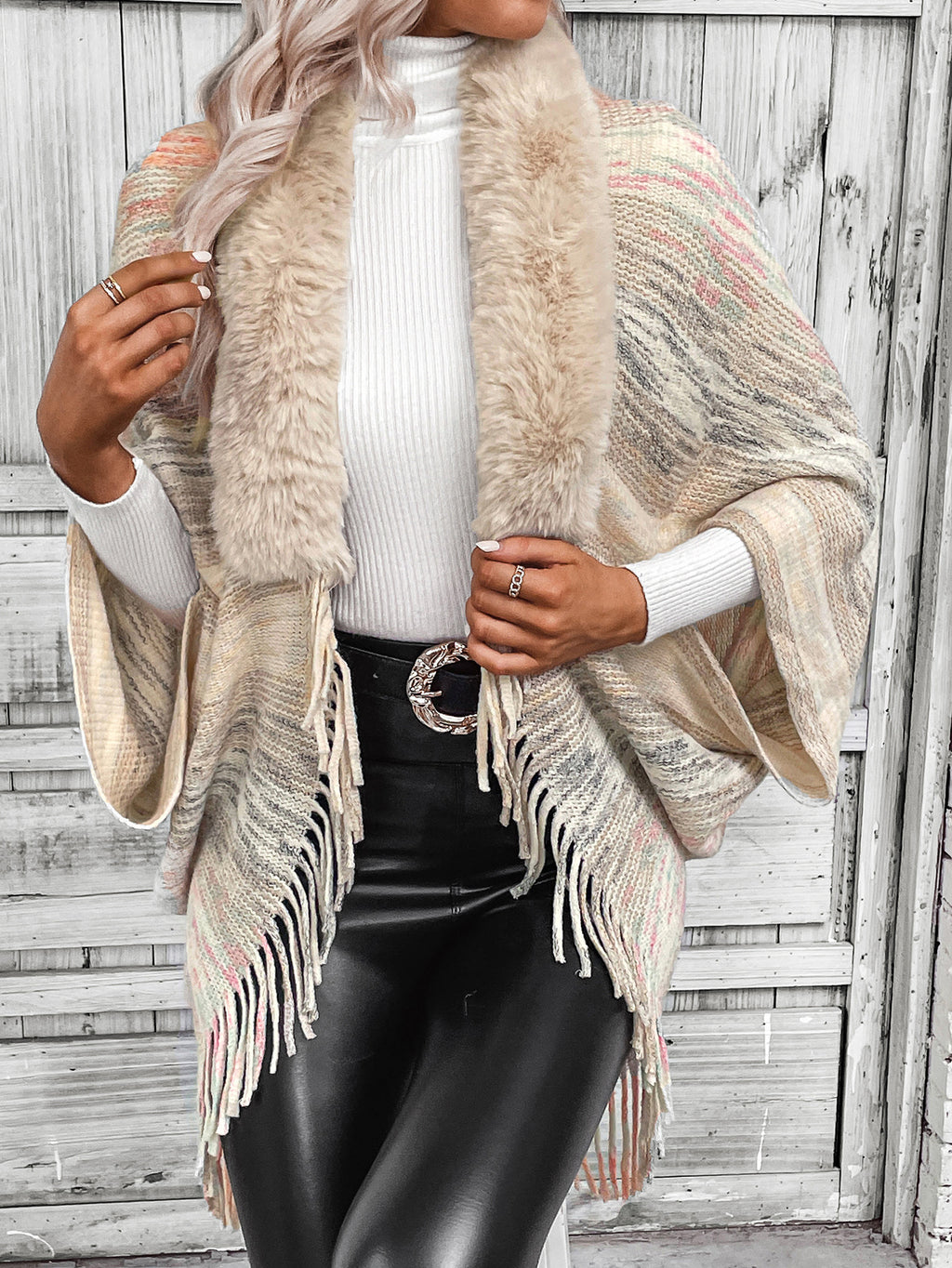 Faux Fur Collar Fringed Shawl Cardigan - Beige