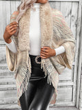 Faux Fur Collar Fringed Shawl Cardigan - Beige
