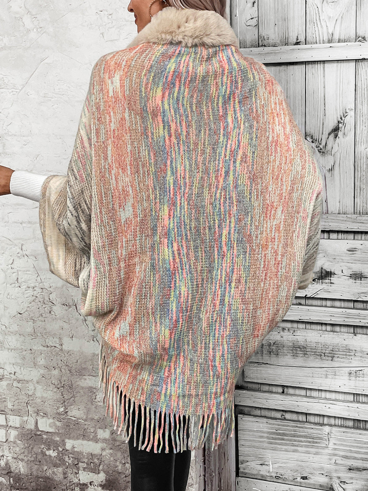 Faux Fur Collar Fringed Shawl Cardigan - Beige - 3