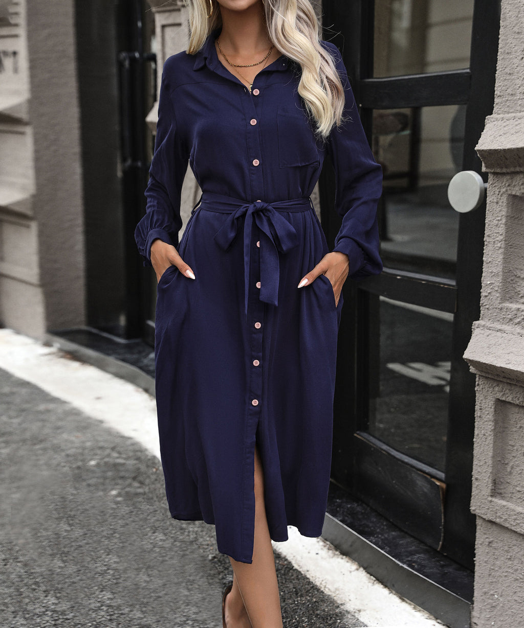 Collared Button Front Belted Midi Shirt Dress - Darkblue