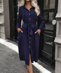 Collared Button Front Belted Midi Shirt Dress - Darkblue