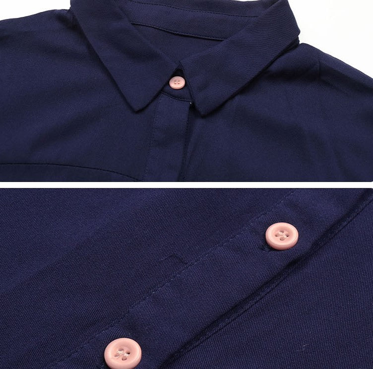 Collared Button Front Belted Midi Shirt Dress - Darkblue - 2