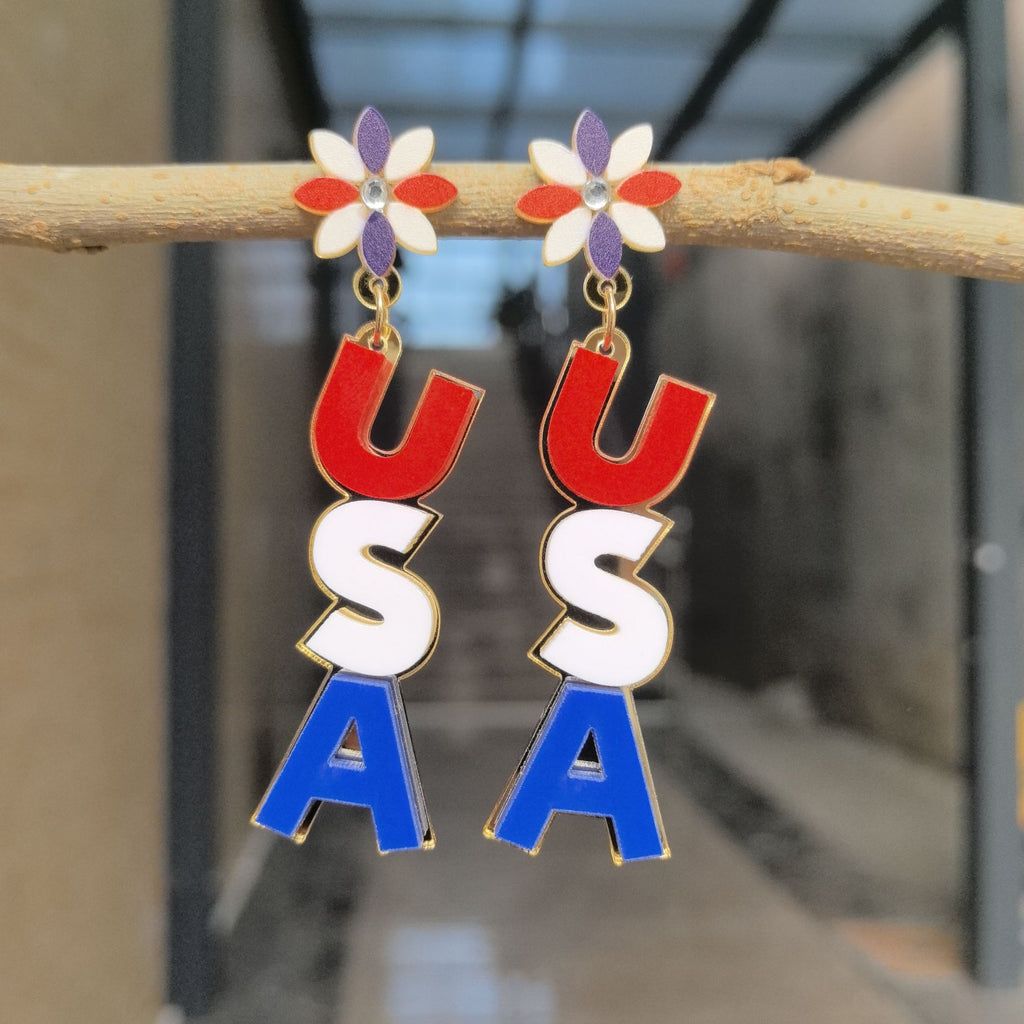 Patriotic Letter Charm Daisy Earrings - Red-U