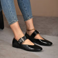 V Cut Grommet Buckle Strap Mary Jane Flats - Black