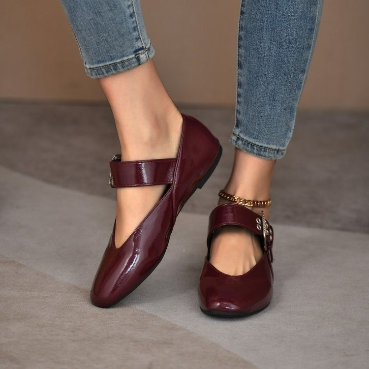 V Cut Grommet Buckle Strap Mary Jane Flats - Burgundy