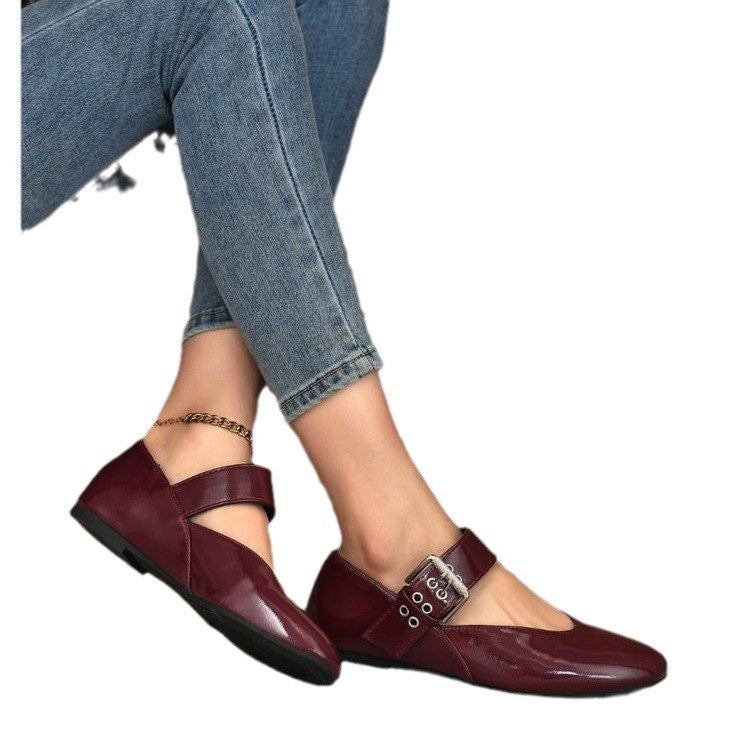 V Cut Grommet Buckle Strap Mary Jane Flats