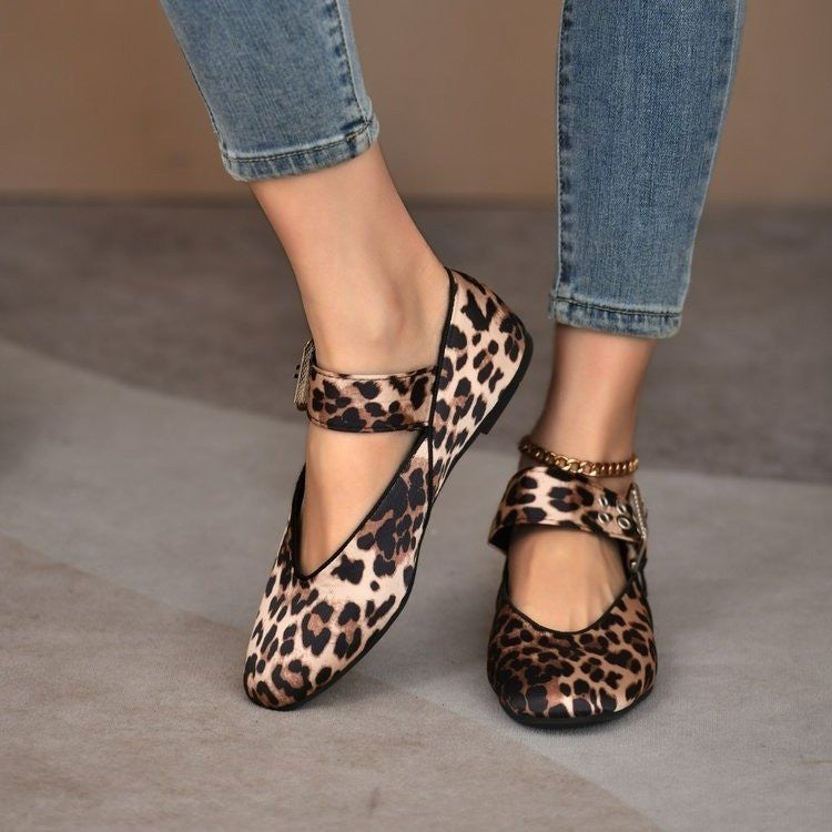V Cut Grommet Buckle Strap Mary Jane Flats