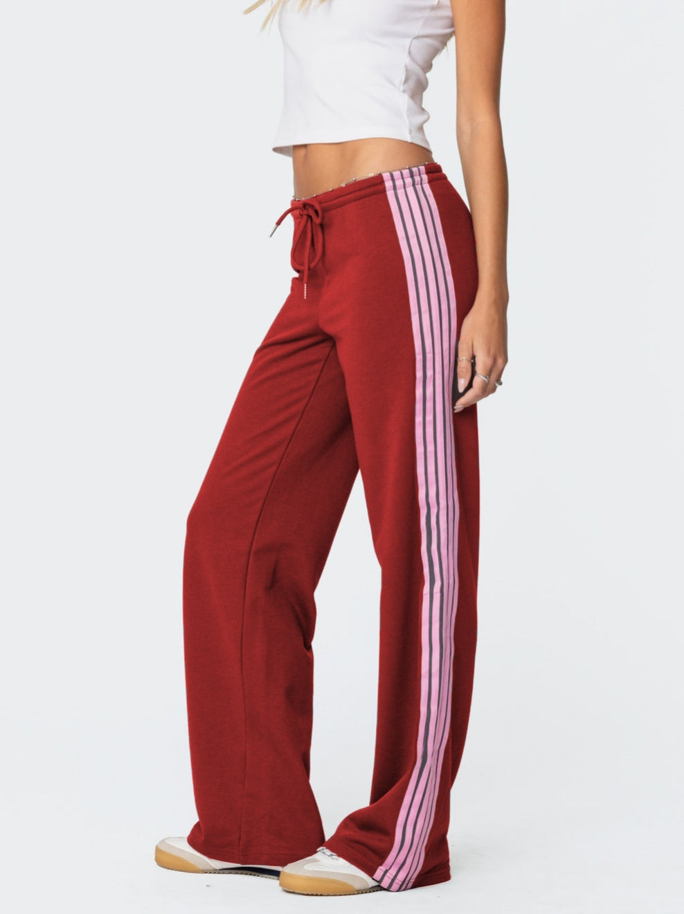 Side Stripe Wide Leg Drawstring Sweatpants - Red