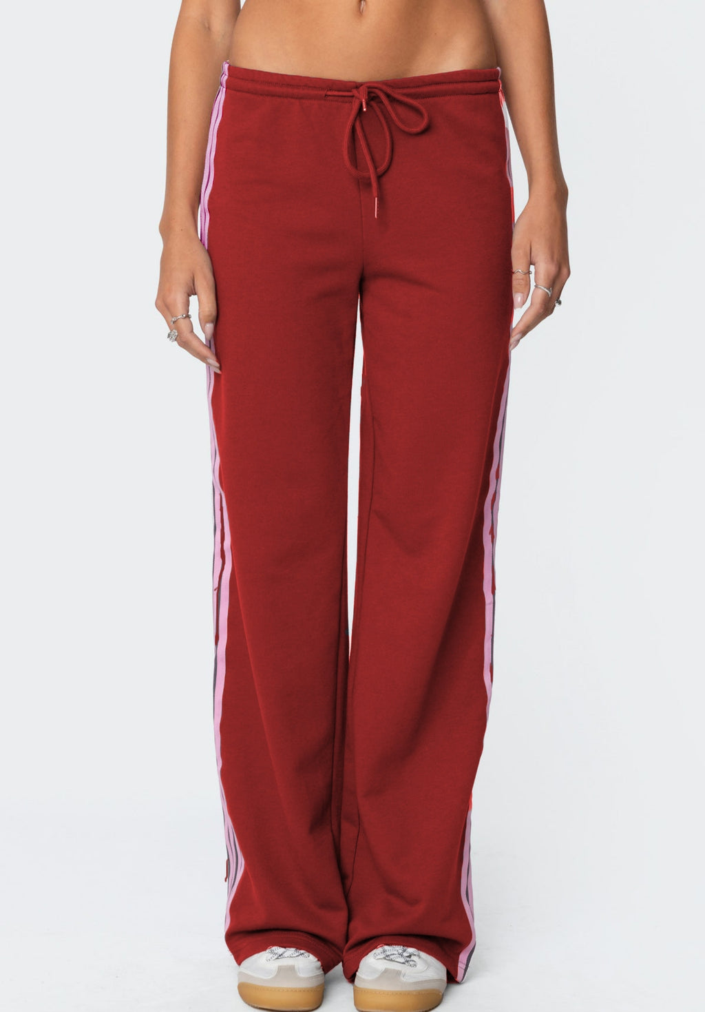 Side Stripe Wide Leg Drawstring Sweatpants - Red - 1